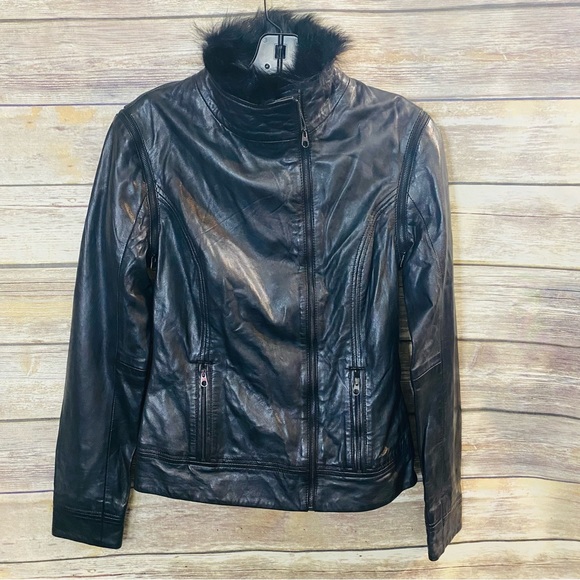 Ted Baker leather jacket size 2 genuine leather 100% lamb shearling fur collar - Picture 2 of 15